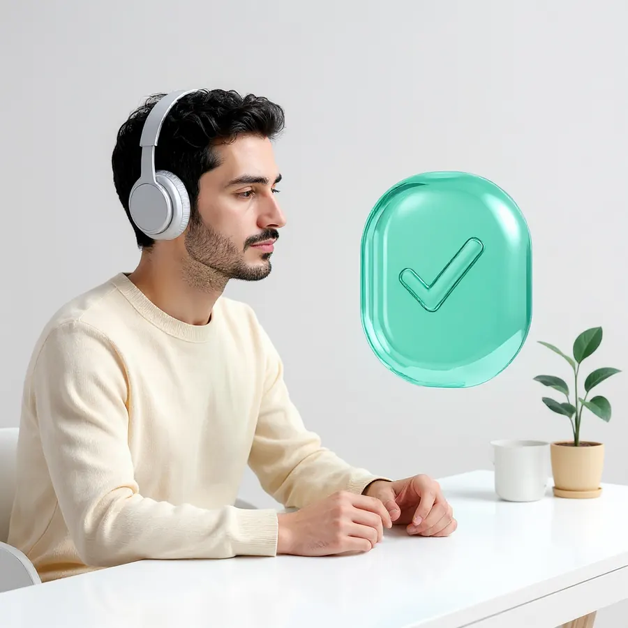 A person wearing headphones at a desk next to a floating checkmark