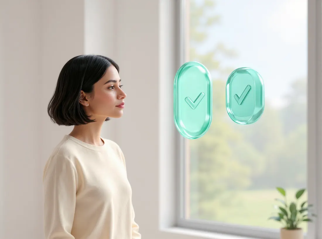 A person by a window with two floating checkmark shapes