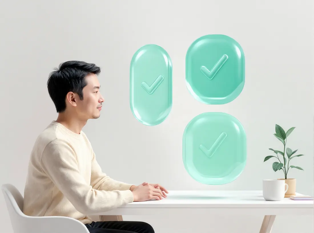 A person at a desk with floating checkmark shapes