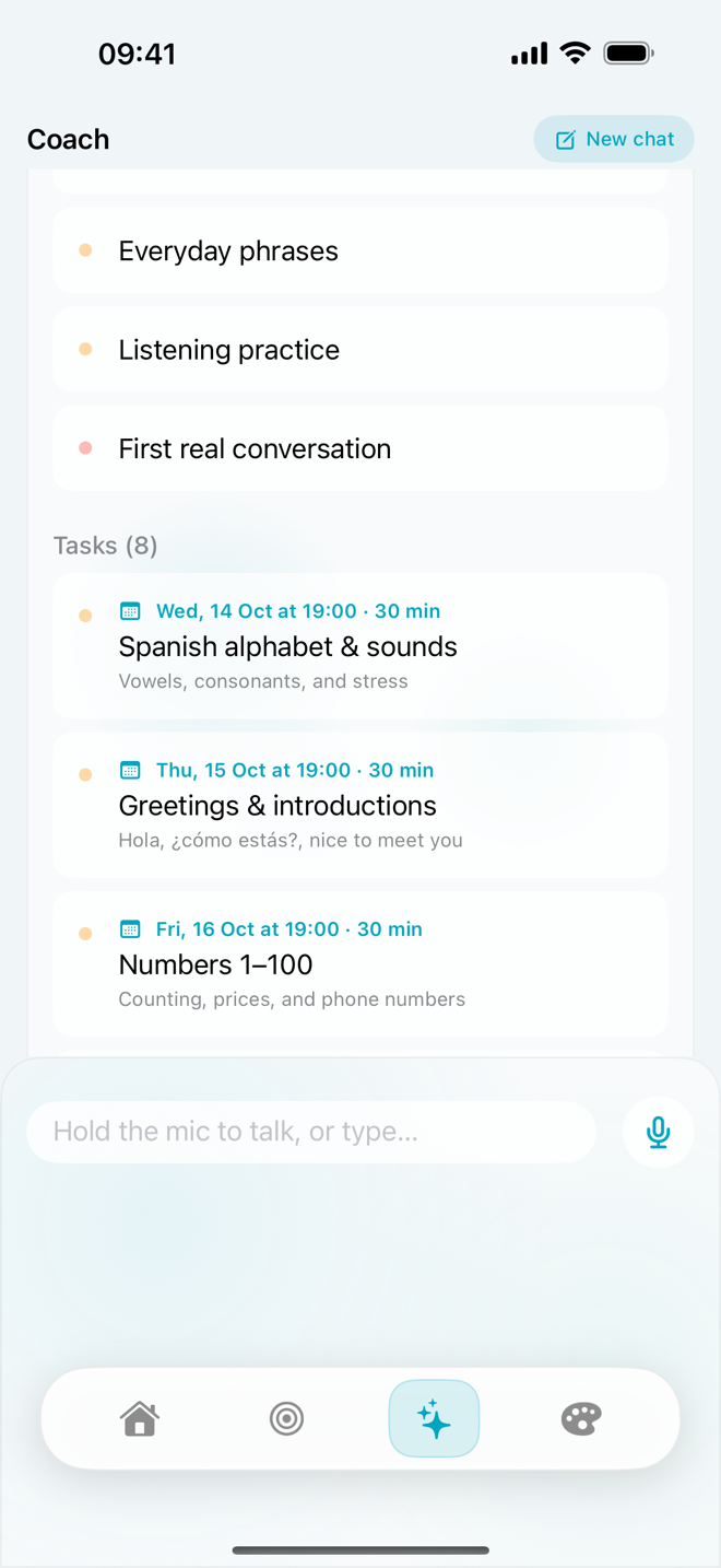 Plenvo Coach showing a Spanish plan: milestones, then tasks scheduled Wednesday, Thursday and Friday at 19:00 for 30 minutes each
