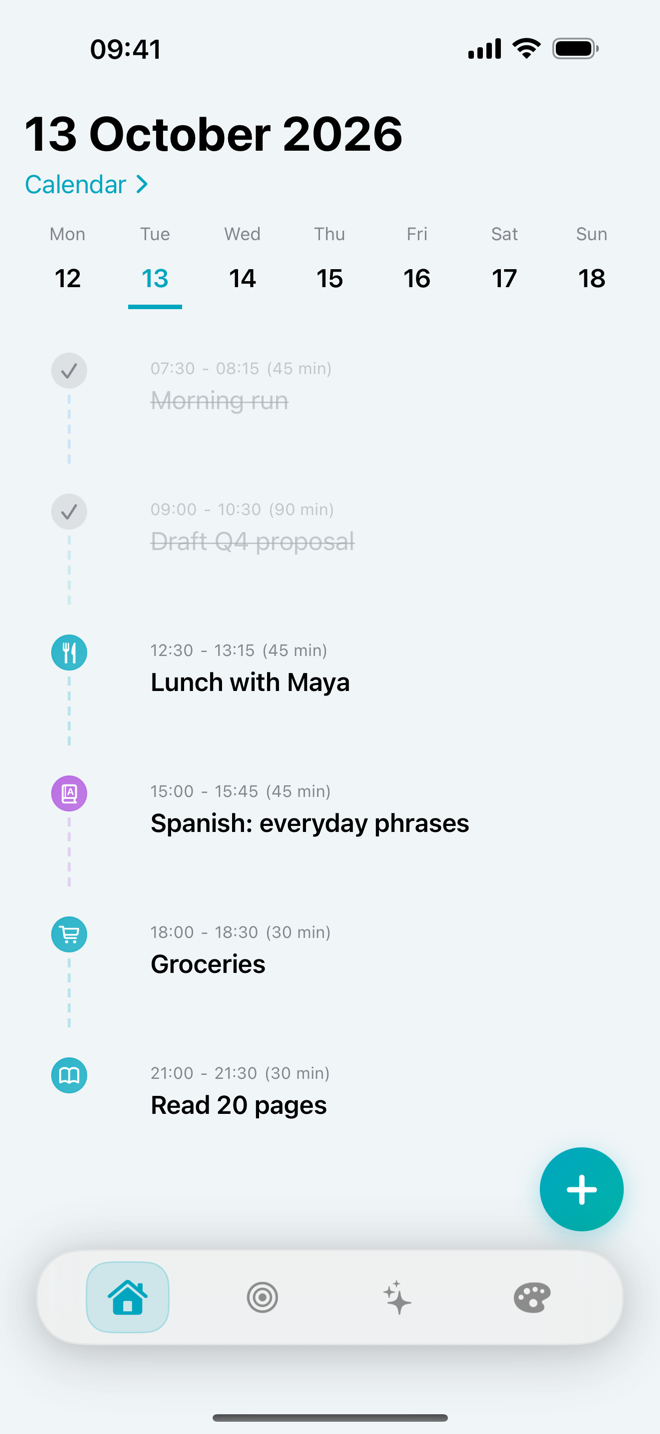 Plenvo Home screen: today’s timeline with a morning run and a proposal draft completed, and lunch, Spanish practice, groceries and reading still to do